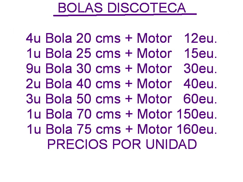 bola espejos discoteca o20 4u o25 1u o30 9u o40 2u o50 3u o70 1u o75 1ua